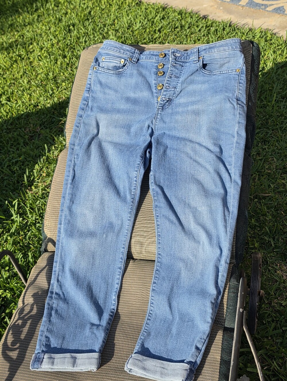 Michael Kors Gold Button Exposed Fly Cropped Jeans Sz 10